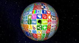 A sphere with many social icons on it.
